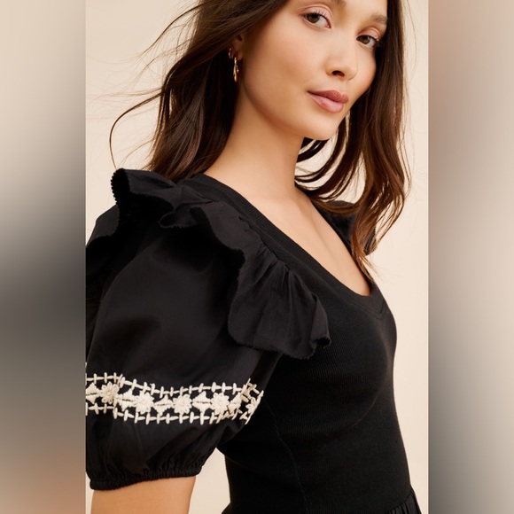 EUC Cleobella Black Selma Midi Dress with Ruffle Puff Short Sleeves & Embroidery - Picture 3 of 13